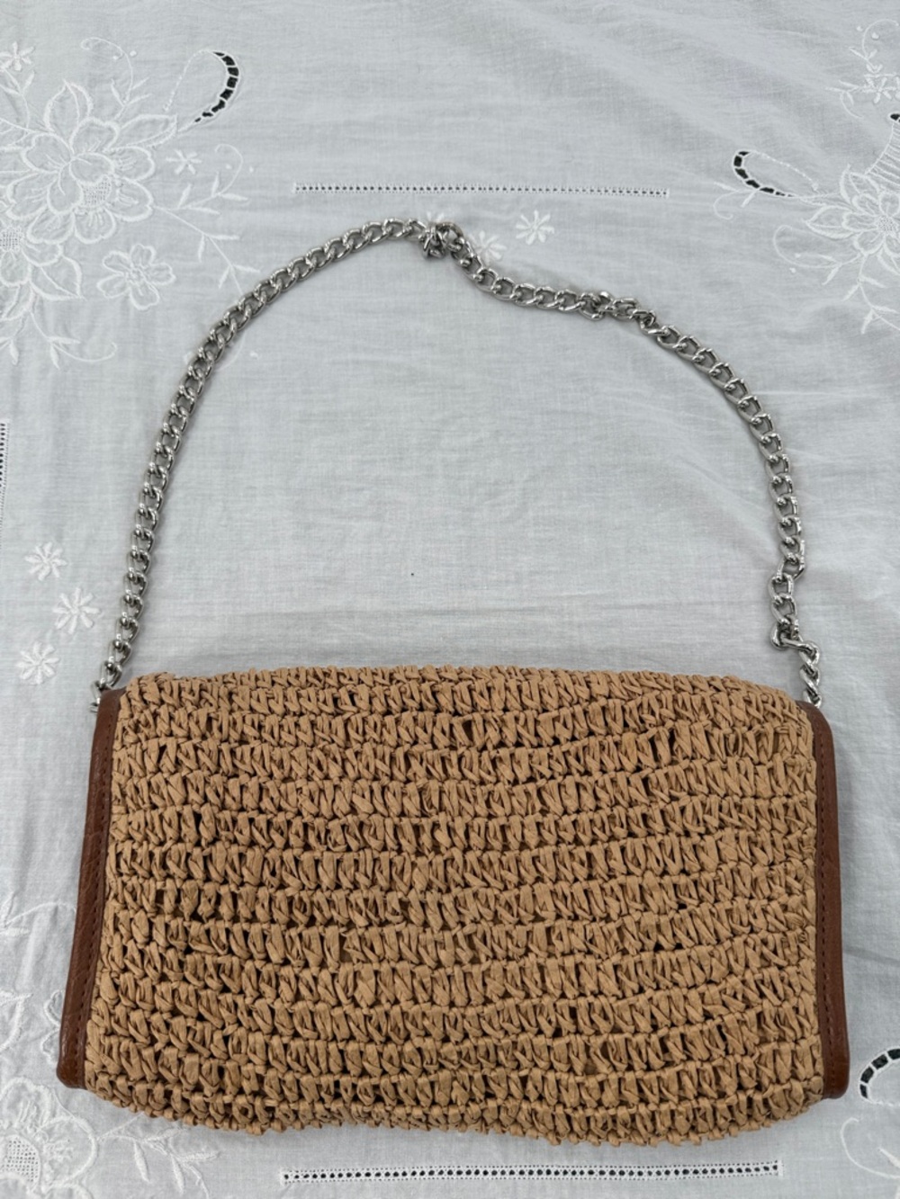Straw Studios Bag Wm Woven Silver Chain Shoulder Purse Summer Preppy Boho - Picture 9 of 9